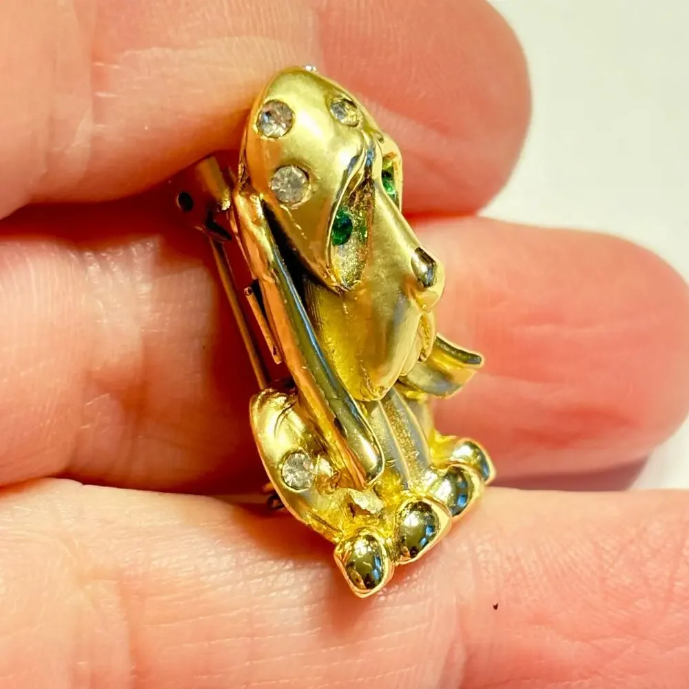 Gold puppy dog basset brooch long ears green eyes rhinestone vintage scatter pin